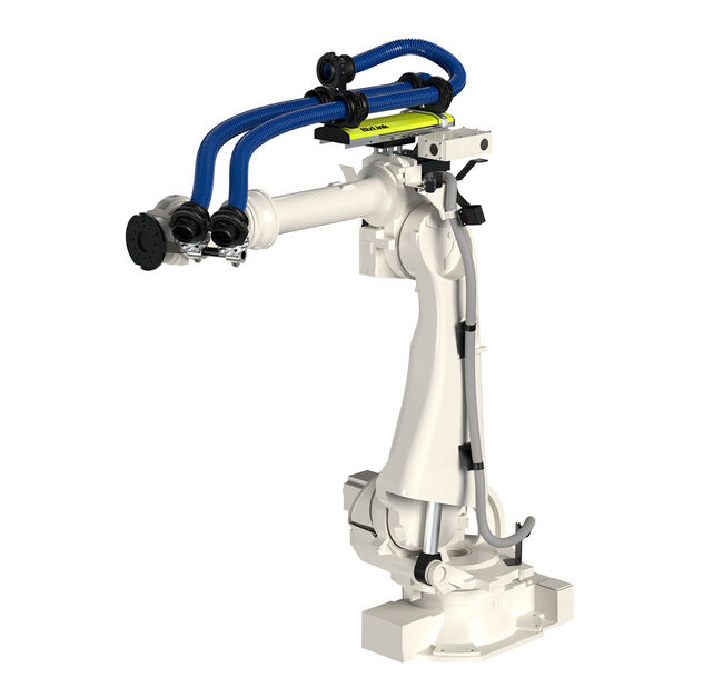 White NACHI SRA210-01 robot with LSH 3 dresspack, axis 3-6, and corrugated hose, a complete system example.