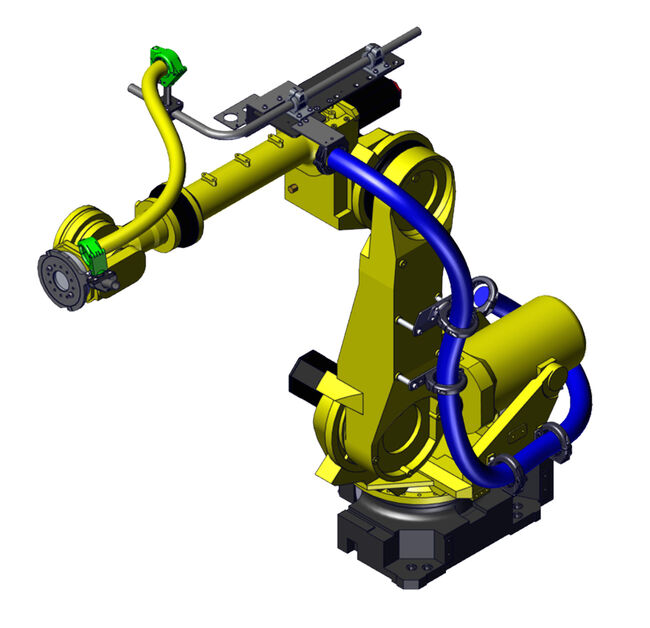 Yellow ABB 6600 robot with yellow smooth tube system, axis 3-6.