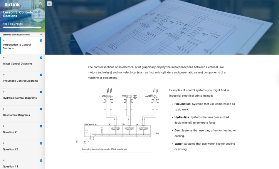 Screenshot of a module in BizLink Online Training Print Reading course. It shows industrial electrical control section diagrams showing electrical, pneumatic, hydraulic, and gas system connections