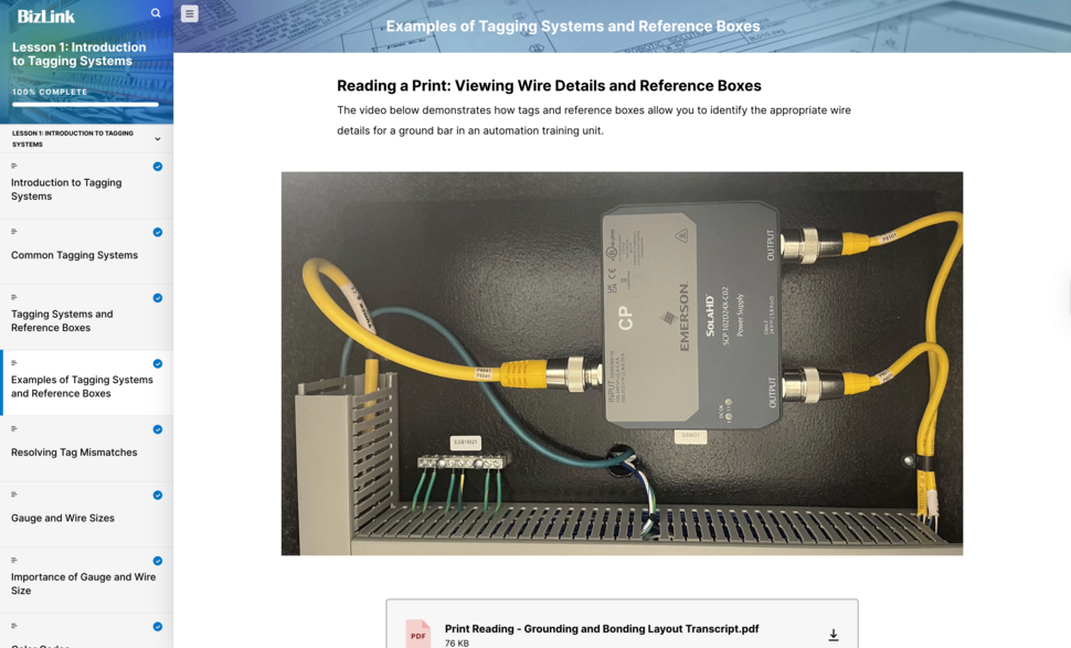 Industrial control cabinet showing tagged wires and reference boxes used for electrical print reading and wire identification