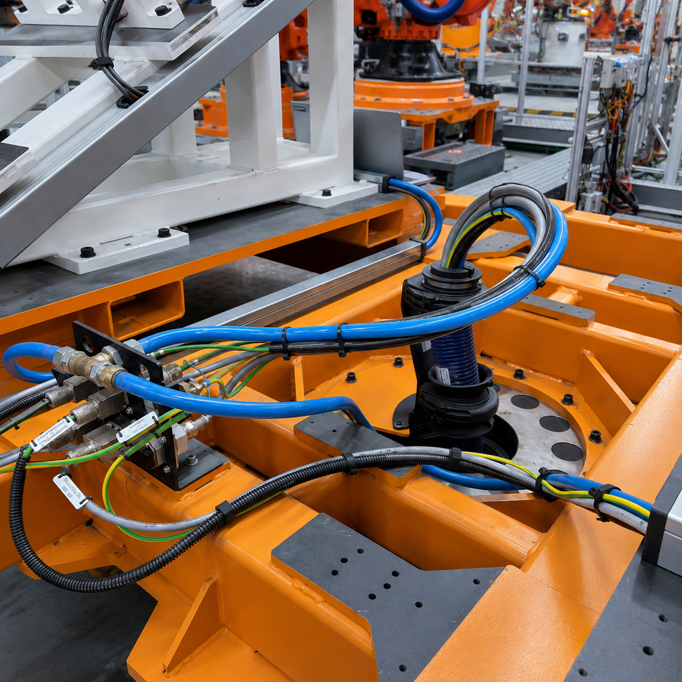 Rotary Table Cable Management System BizLink rotary table cable management system routing electrical cables and pneumatic hoses through a protected central rotary interface.