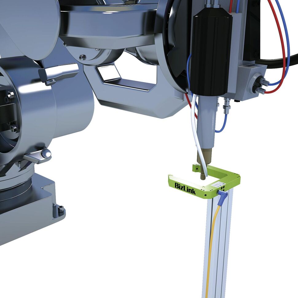 Silver robot showing advintec TCP robotic tool measurement stud welding application