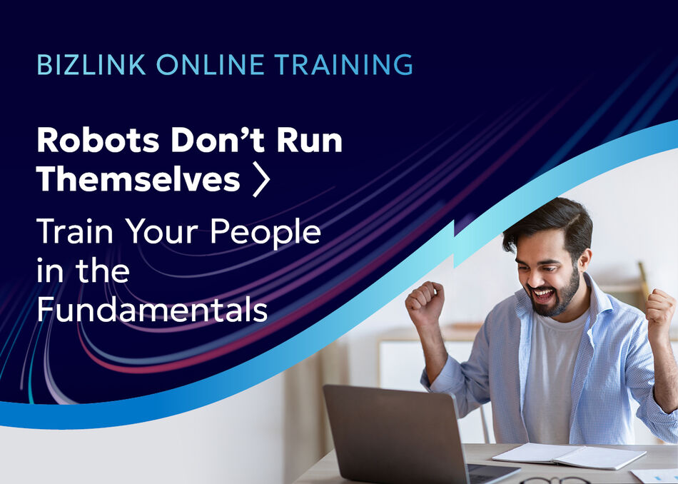 BizLink online training promoting robotics fundamentals, showing a professional learning at a laptop