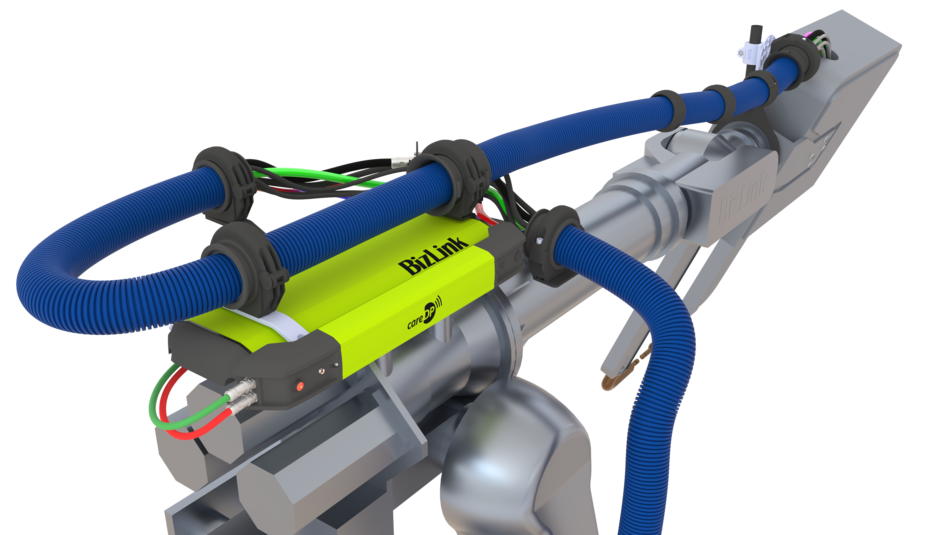 Rear perspective of robot showing LSH 3 dresspack with mounted careDP sensor and routed cable management system.