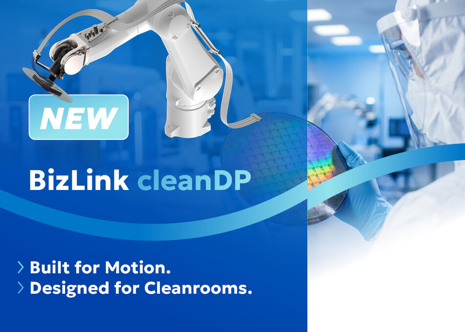 BizLink cleanDP robotic cable and media routing on an industrial robot with cleanroom operator holding a semiconductor wafer, designed for cleanroom automation