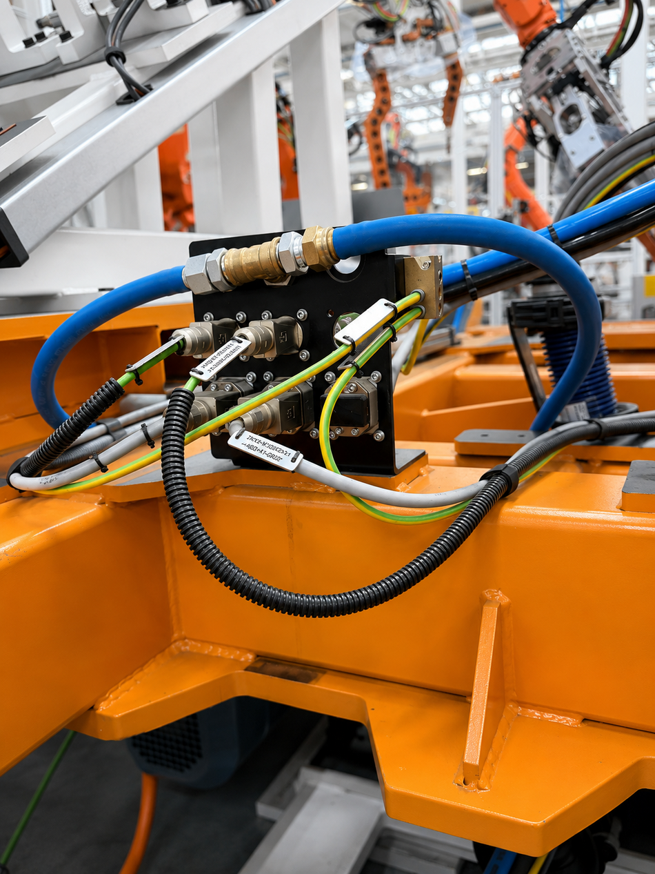 Rotary Table Dresspack Installed on Automotive Fixture Top view of a BizLink rotary table dresspack providing protected cable management and media supply for automotive manufacturing applications.