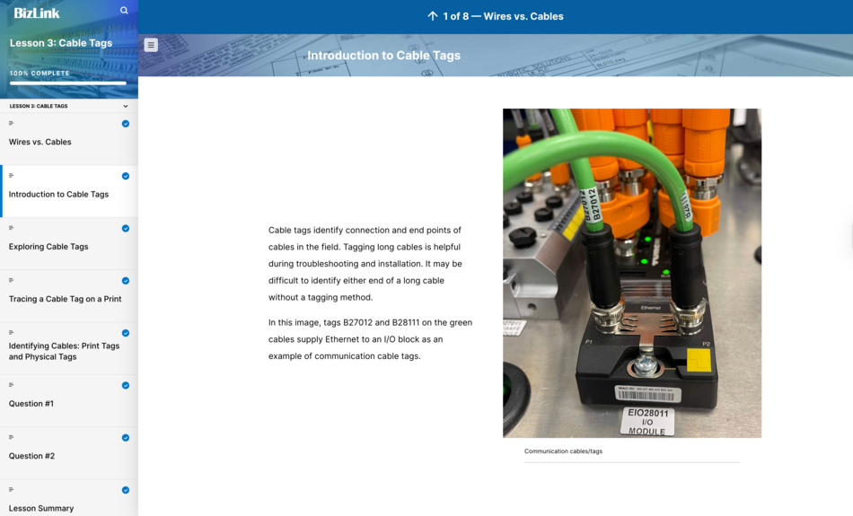 Tagged Ethernet communication cables connected to an industrial I/O module for electrical print reading training