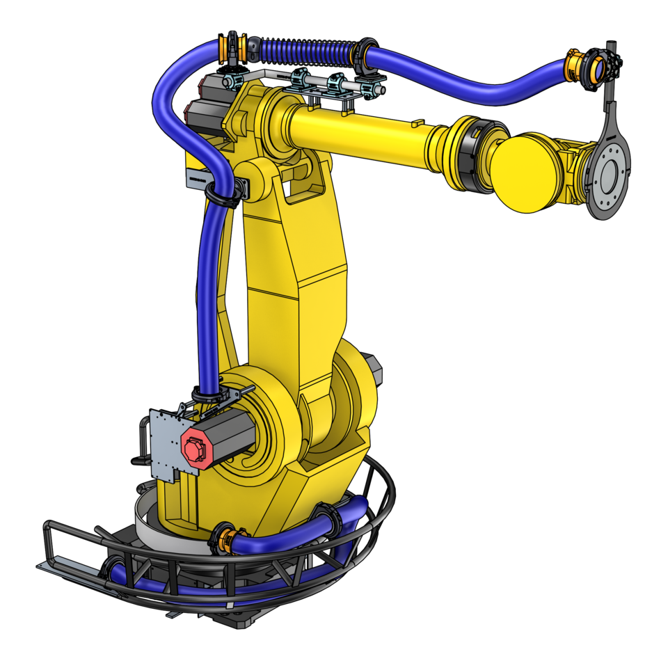 Yellow robot FANUC M900 with blue BizLink dresspack system, open spring return