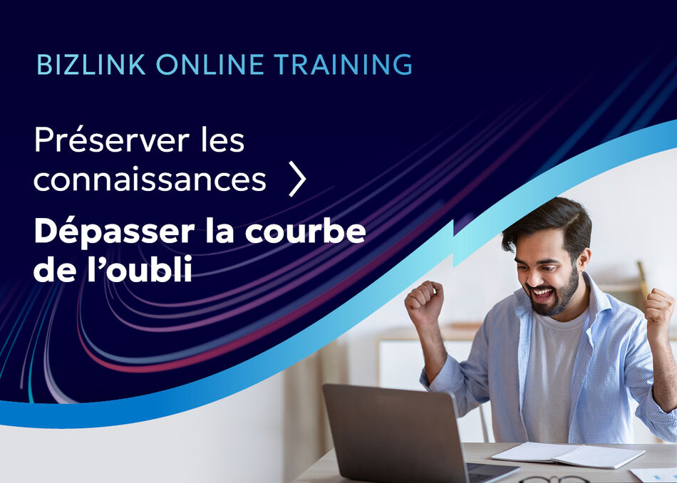 Formation en ligne de BizLink ax&eacute;e sur la r&eacute;tention des connaissances, avec un apprenant devant un ordinateur portable