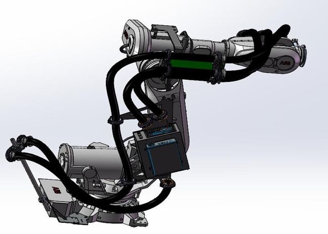 Industrial robot with BizLink side-mounted cable management system for robotic laser welding applications