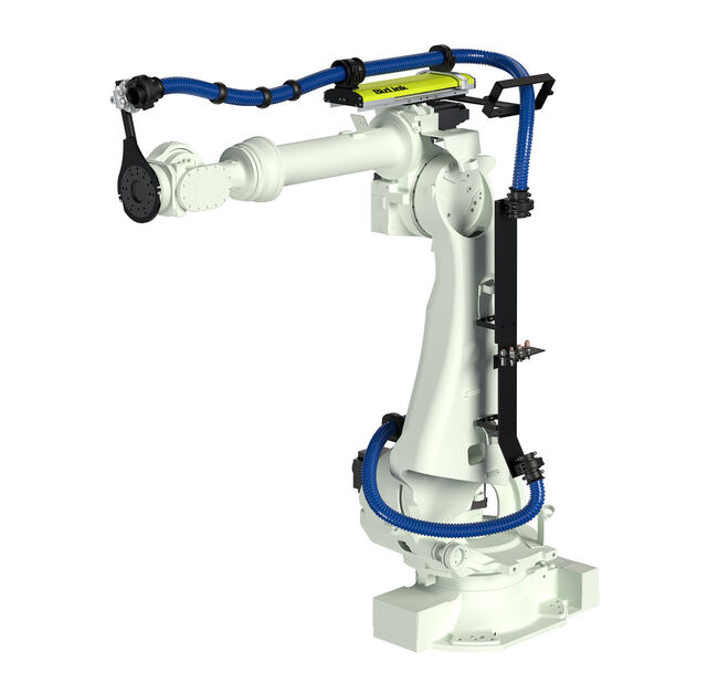 White OTC robot with dresspack LSH 3 and corrugated hose, a complete system solution.