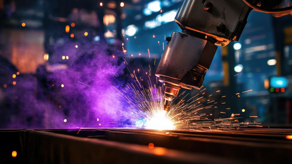 Robotic laser welding application with industrial laser head creating a precision weld seam with sparks