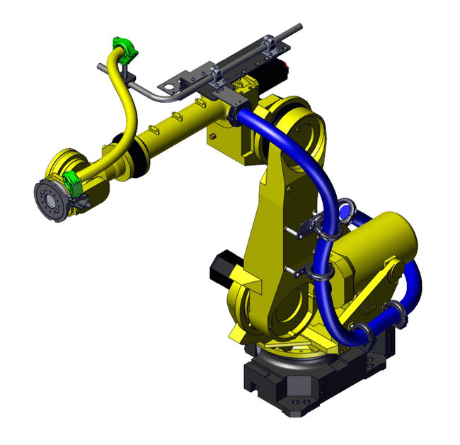 Yellow FANUC R2000iB robot with yellow smooth tube, axis 3-6, and corrugated dresspack, axis 1-3.