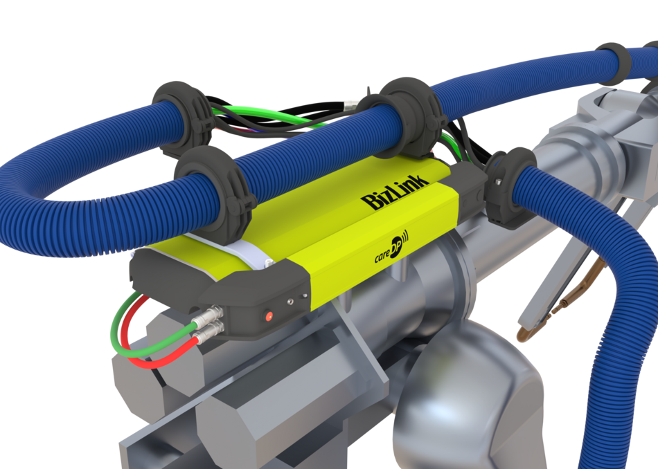 Rear perspective of robot showing LSH 3 dresspack with mounted careDP sensor and routed cable management system.