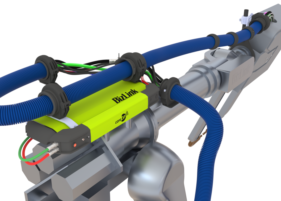 Rear perspective of robot showing LSH 3 dresspack with mounted careDP sensor and routed cable management system.