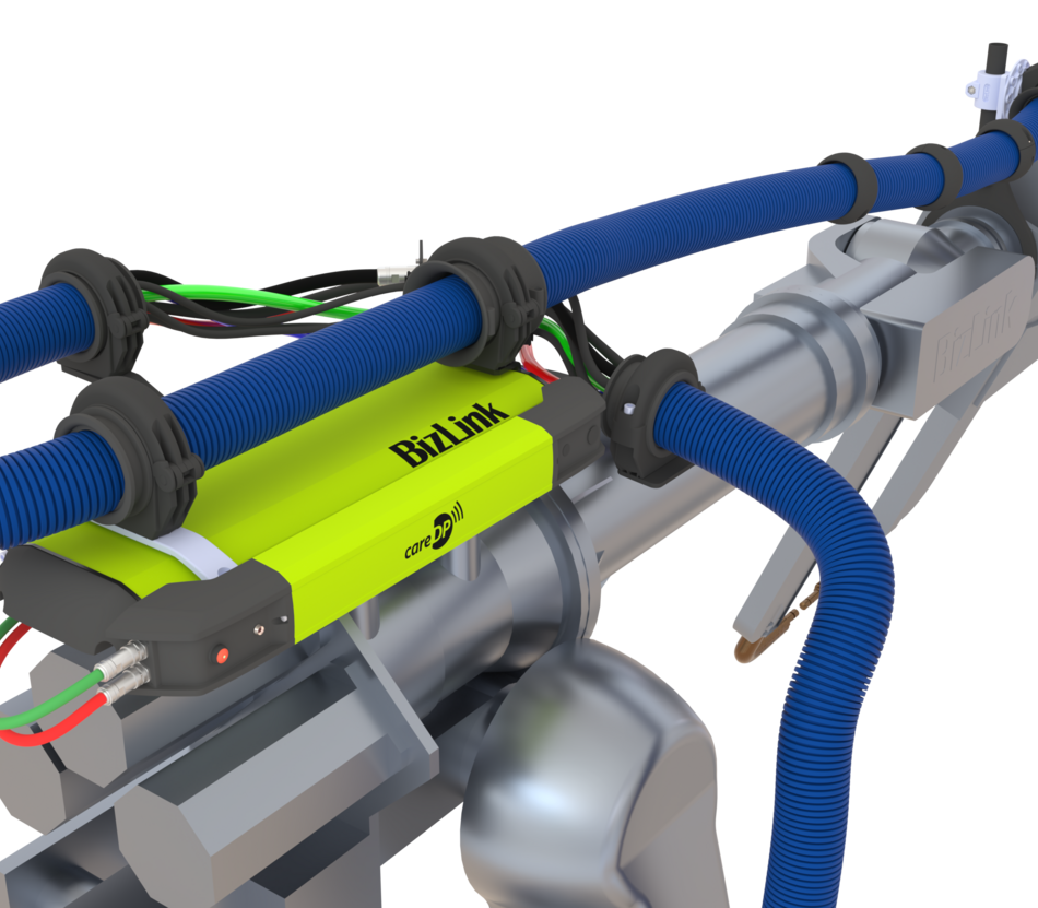 Rear perspective of robot showing LSH 3 dresspack with mounted careDP sensor and routed cable management system.
