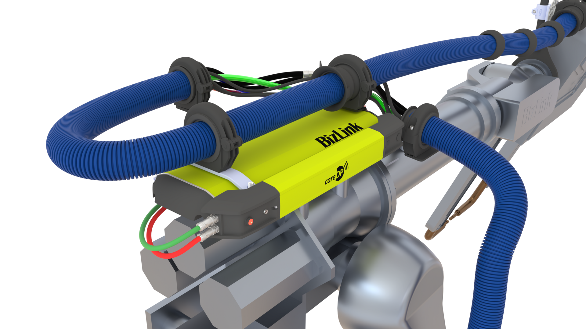 Rear perspective of robot showing LSH 3 dresspack with mounted careDP sensor and routed cable management system.
