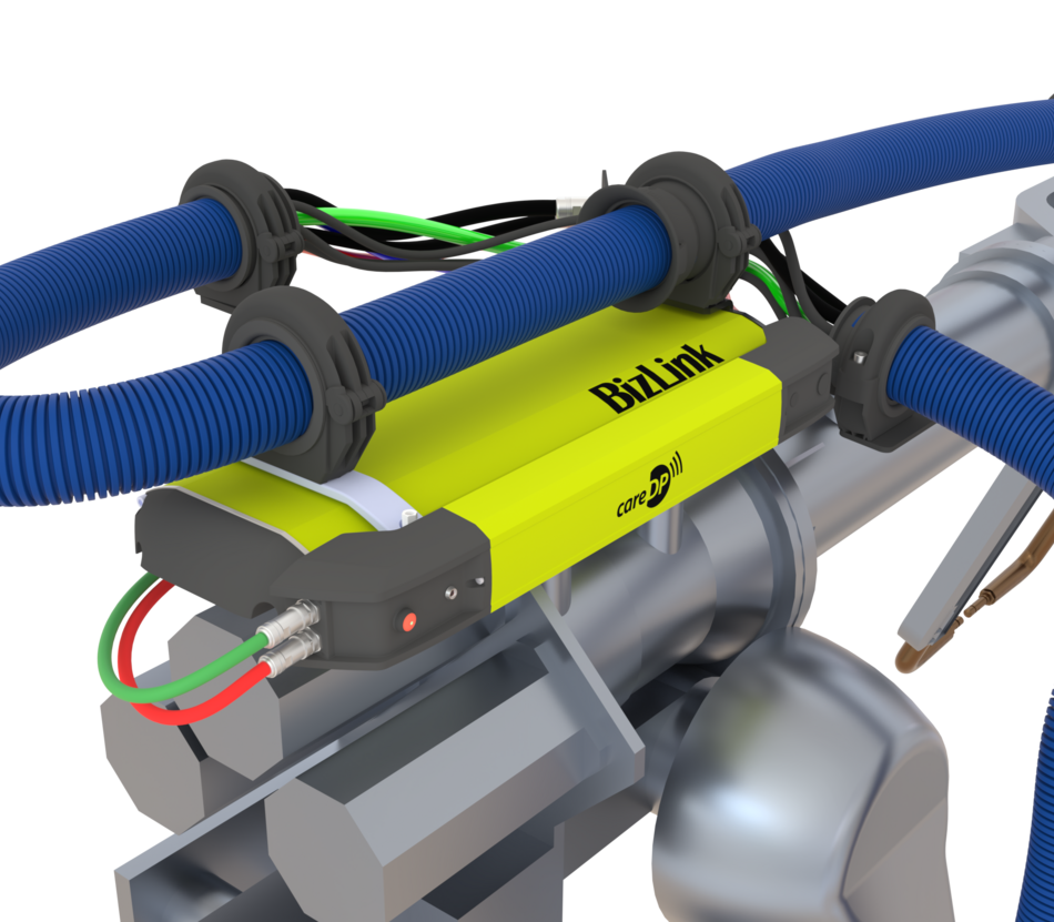 Rear perspective of robot showing LSH 3 dresspack with mounted careDP sensor and routed cable management system.