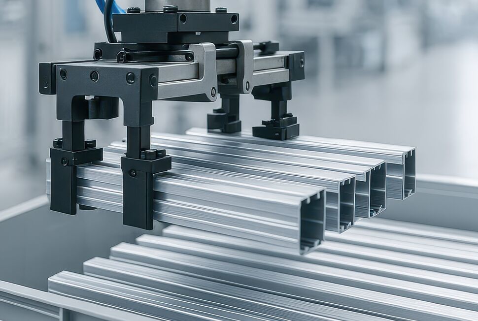 Industrial robot gripper handling aluminum profiles in automated material handling application