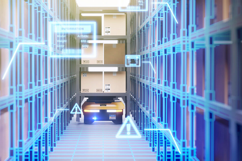 Warehouse autonomic robots carry goods industry, 3D render in technology and business.