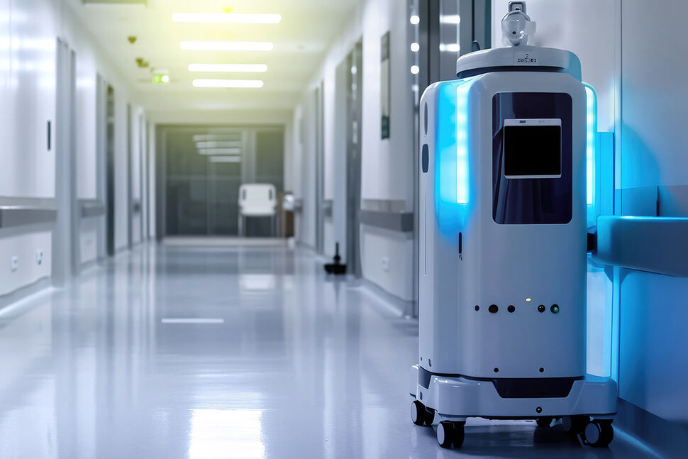 Medical delivery robots working in hospital. Infection preventio