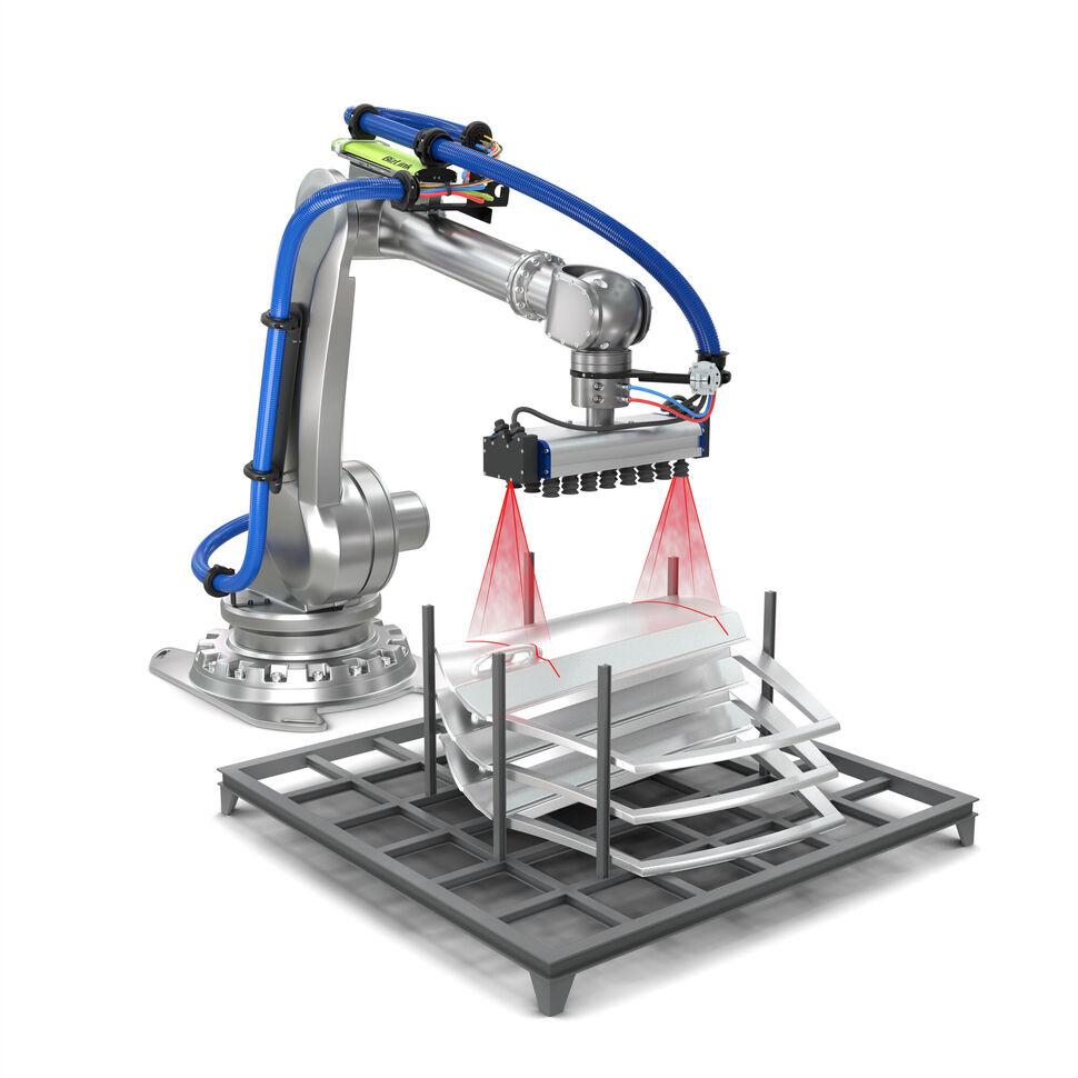 Silver industrial robot showing advintec 6D laser measurement unracking application with car doors