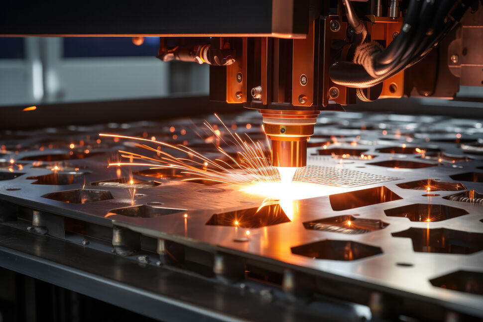 Robotic laser welding application with industrial laser head producing a precision weld and bright sparks on a metal workpiece