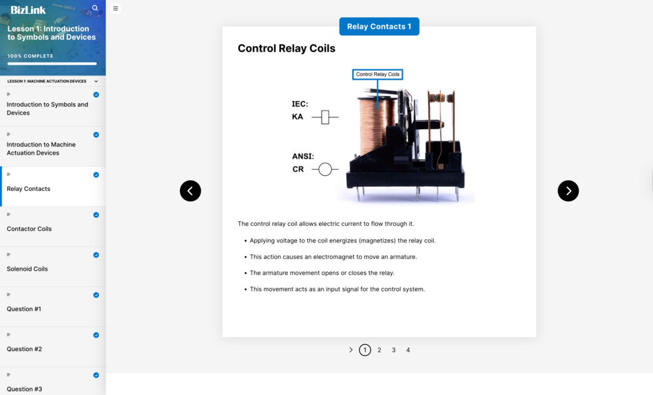 Control relay coil with IEC and ANSI symbols shown in an industrial electrical print reading training module