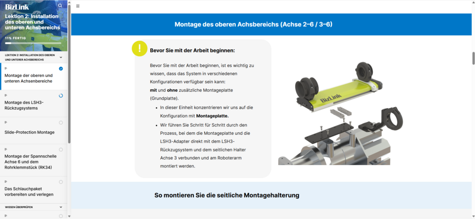 Screenshot aus dem E-Learning-Kurs Kabelmanagement mit LSH 3 R&uuml;ckzugsystem zur Montage des oberen Achsbereichs mit Montageplatte, LSH 3 Adapter und seitlicher Montagehalterung