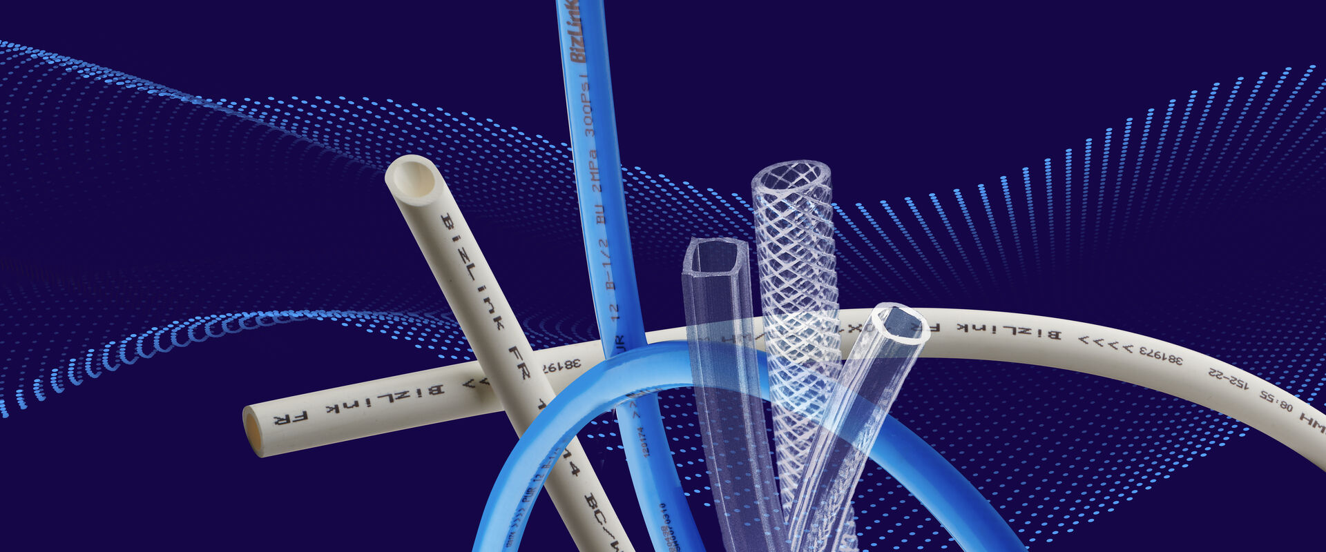 Collage of polyurethane hoses for integration in cable management systems / dresspacks.