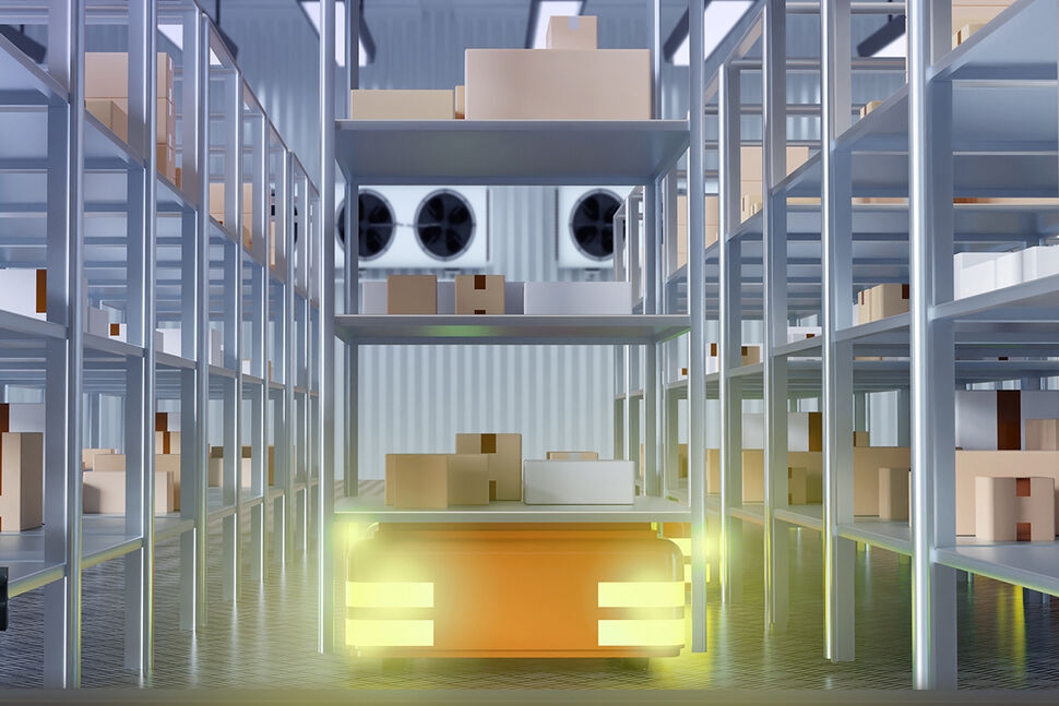 Retrieval machines is going in warehouse. Automatic warehouse cart. Enforcement in storage industry. Warehouse hangar with robot-cart. Storage machines