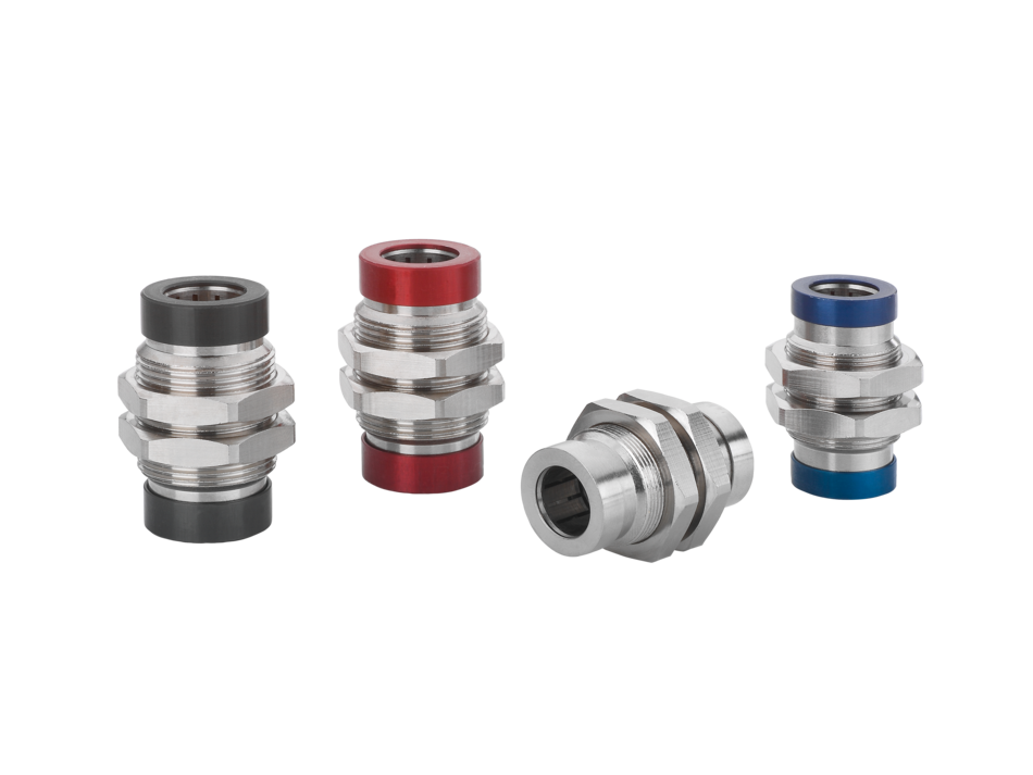 Bulkhead fittings with colour indication ring for polyurethane industrial hoses