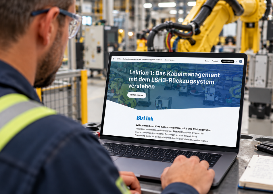 Techniker absolviert den BizLink E-Learning-Kurs Kabelmanagement mit LSH 3 R&uuml;ckzugsystem am Laptop in einer Produktionsumgebung mit Industrierobotern