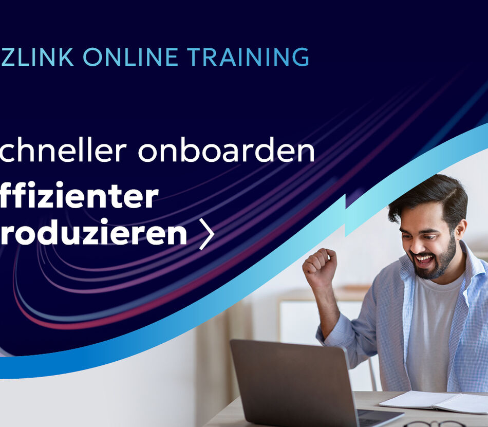 Bild zeigt zwei Kreise: Erster Kreis mit jubelndem Mann und zweiter Kreis mit Titel "Schneller onboarden, effizienter produzieren"