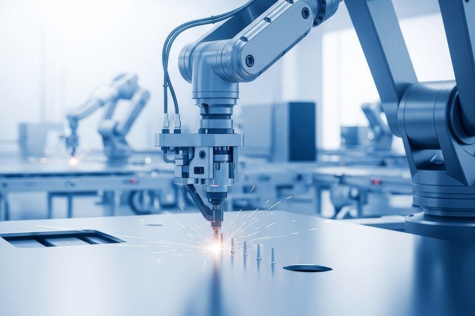 Industrial robotic arm performing automated riveting on a metal surface in a modern manufacturing environment