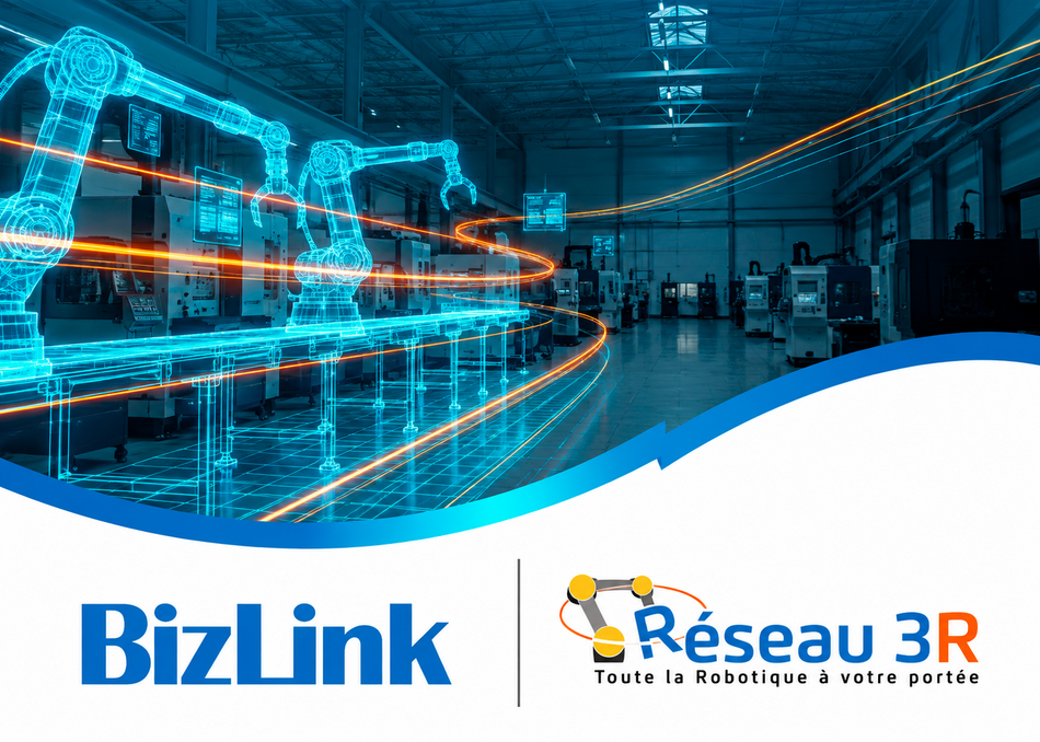 BizLink and R&eacute;seau 3R logos with industrial automation background, promoting BizLink membership in the French R&eacute;seau 3R network