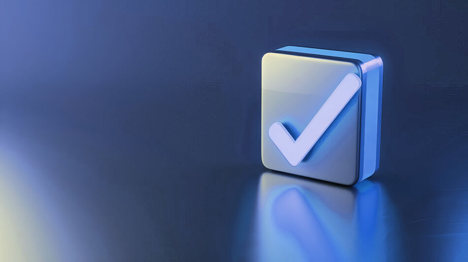 blueish checkmark on a silver button in front of a blue background