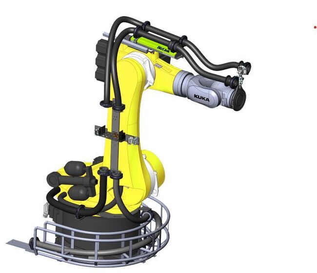 Industrial robot with integrated cable management system for automated riveting application, showing organized hose and cable routing