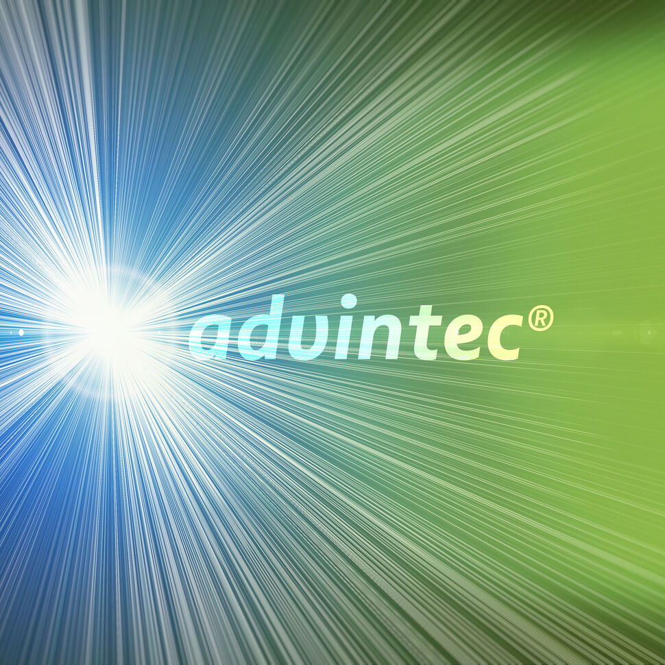 Graphic showing laser beams and product name advintec