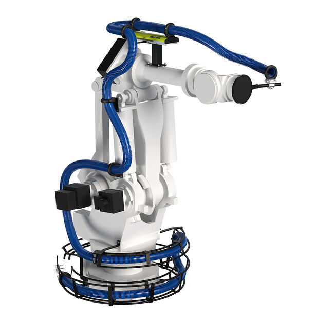 White Kawasaki MX700N robot with LSH dresspack, a complete system example.