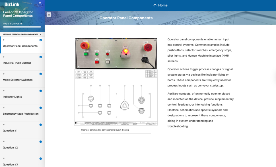 Operator panel with push buttons, selector switches, indicator lights, and emergency stop shown with corresponding electrical layout drawing