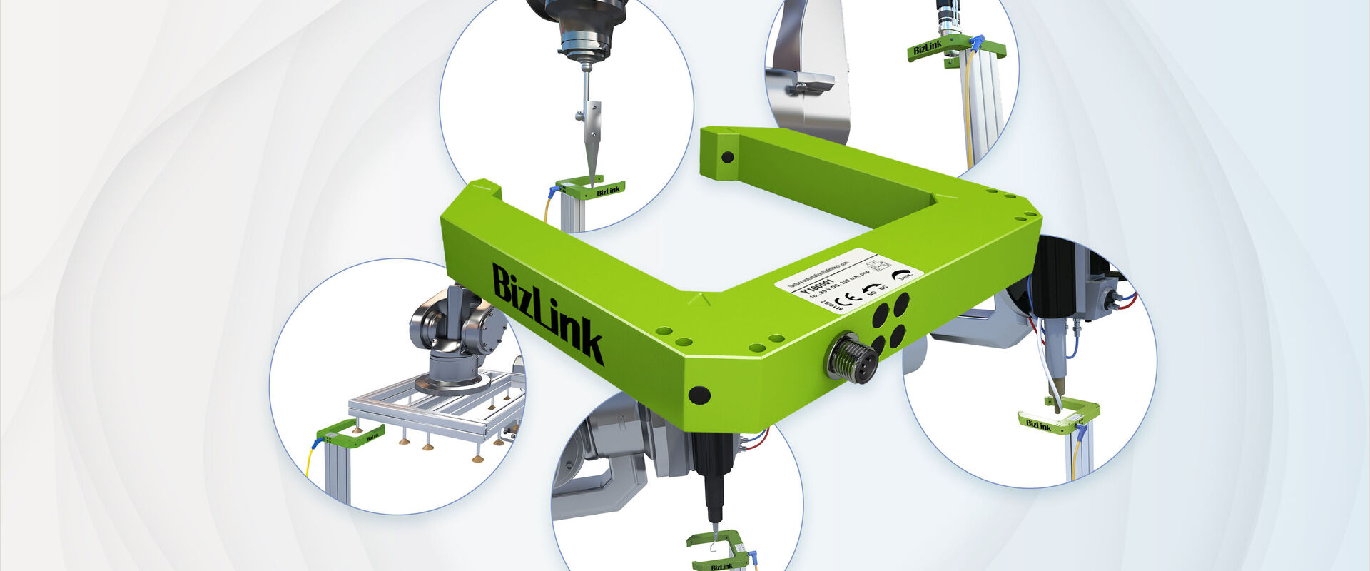 Collage showing advintec TCP robotic tool calibration sensor and applications in circles
