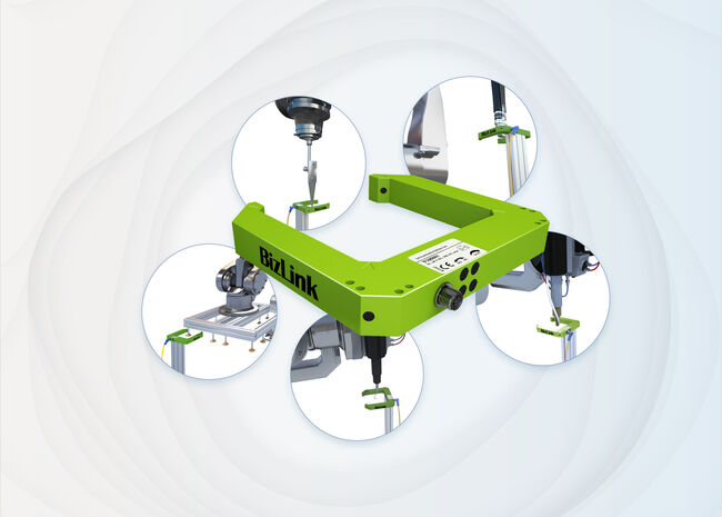 Collage showing advintec TCP robotic tool calibration sensor and applications in circles