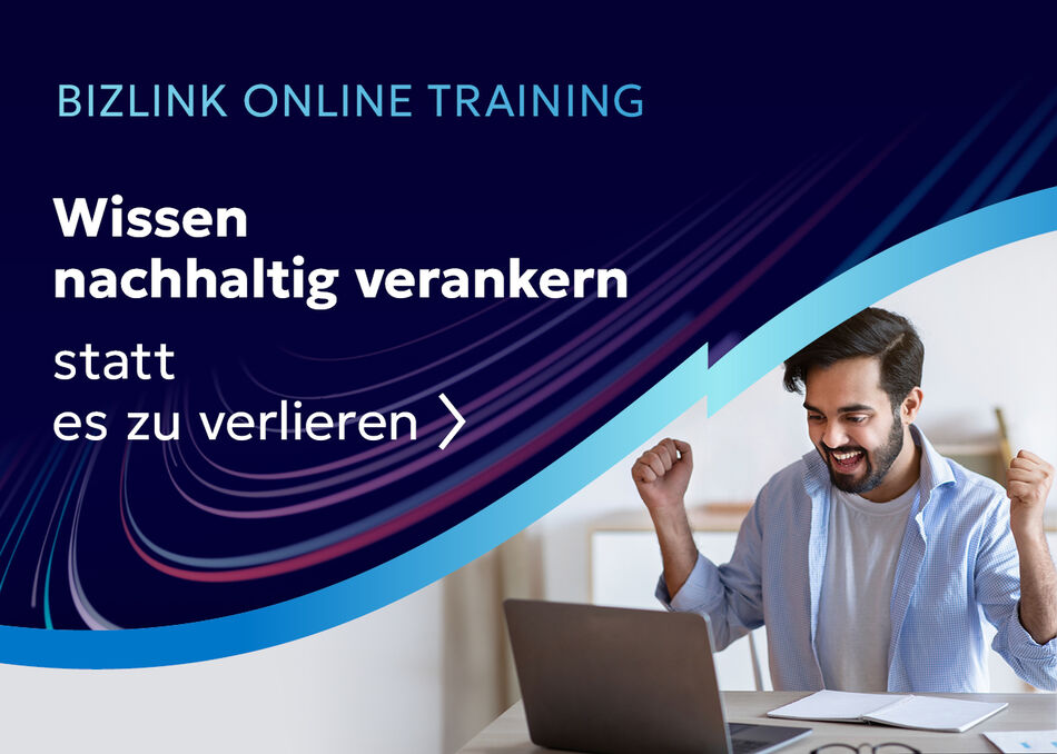 BizLink Online-Training zur nachhaltigen Verankerung von Wissen mit einem Lernenden am Laptop