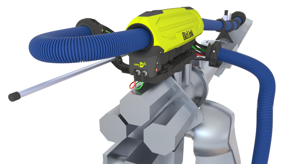 Rear view of LSH Delta robotic dresspack with integrated careDP sensor mounted on articulated robot arm.