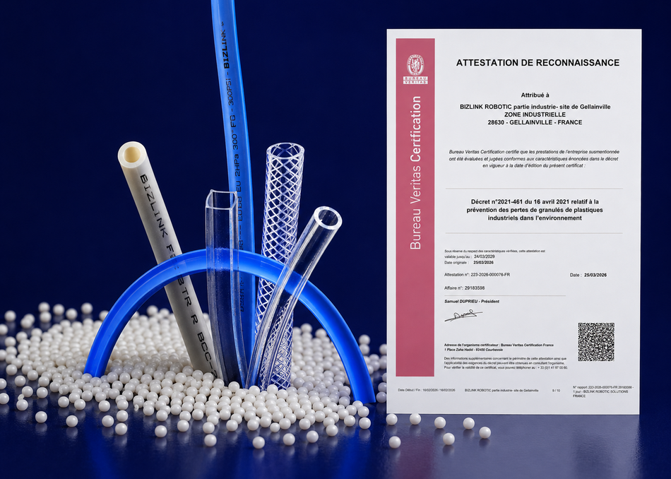 BizLink Bureau Veritas certification for preventing industrial plastic pellet loss, displayed alongside industrial hoses and plastic pellets.