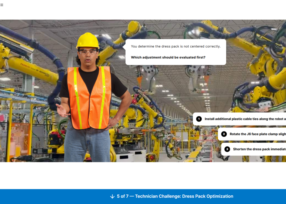 Technician training screen demonstrating LSH3 dress pack optimization and adjustment procedures on an industrial FANUC robot system