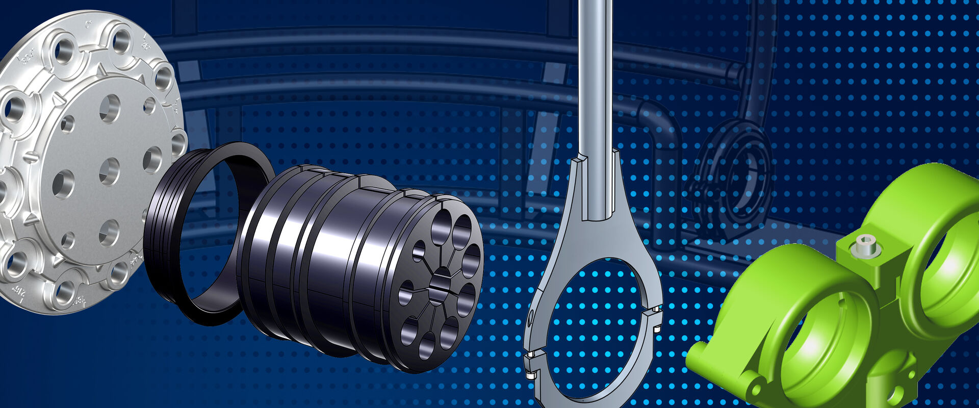 Illustration of robotic assemblies and components, such as a grey assembly basket, a silver adapter plate, and a green double bracket.