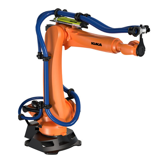 Orange KUKA series 2010 quantec robot with LSH dresspack, a complete system example.