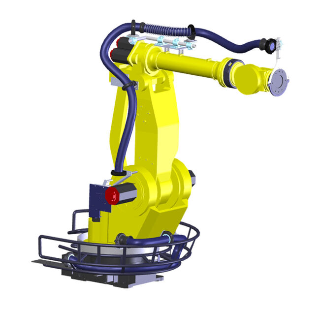 Yellow FANUC M900 robot with open spring return system, axis 1-2 and axis 2-6.